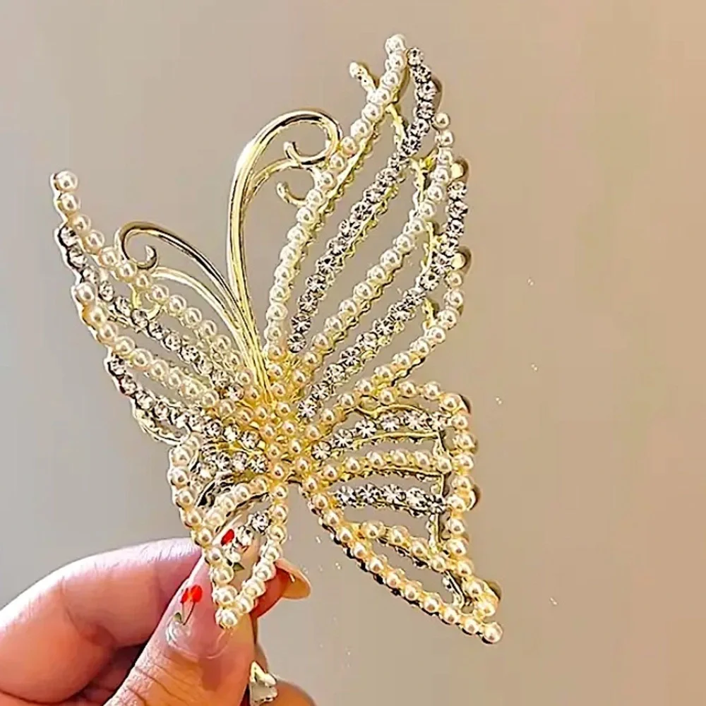 Gold Pearl Rhinestone Butterfly Hair Claw Hair Accessory